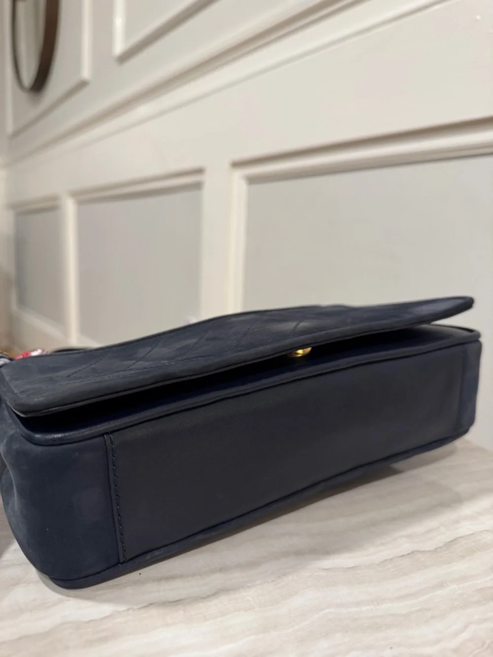 Tory Burch Bag Alexa Convertible Nubuck Suede Dark Navy Chevron Shoulder Bag - Picture 10 of 17